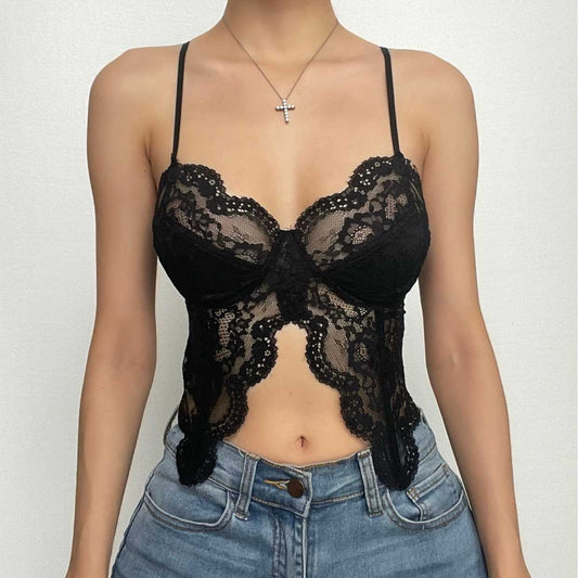 Lace slit v neck solid backless cami crop top