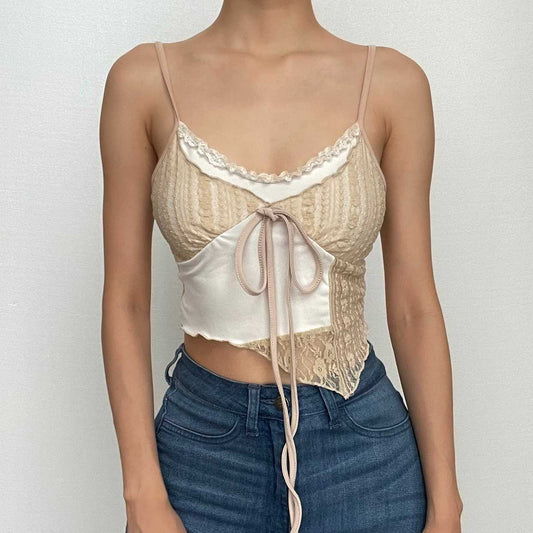 Lace v neck irregular patchwork contrast cami crop top