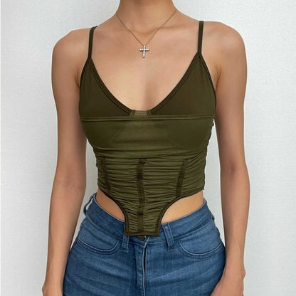 Mesh solid ruched backless cami crop top