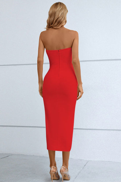 Cutout Strapless Drawstring Detail Split Bandage Evening Dress