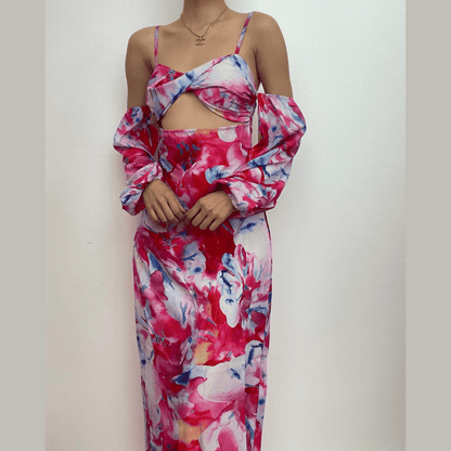 Long sleeve contrast off shoulder hollow out flower print midi dress