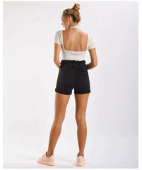 BLACK WIDE-LEGGED DENIM SHORTS
