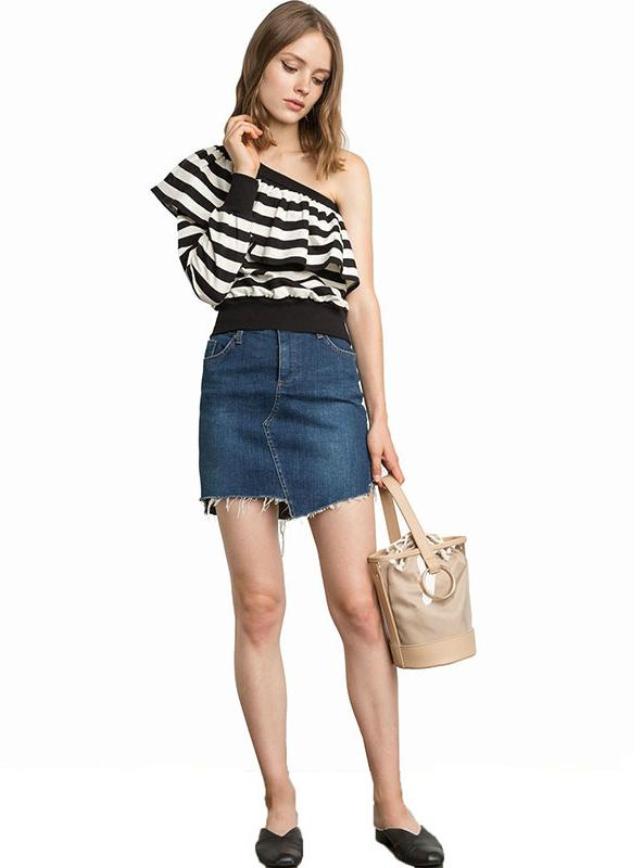 STRIPE WOMEN T-SHIRTS OFF SHOULDER RUFFLES