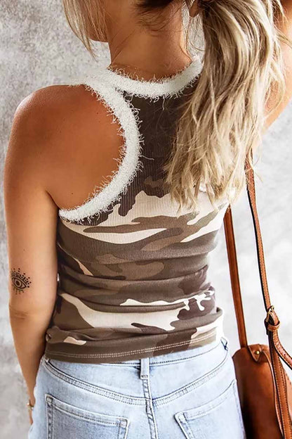 CityHottie Camouflage Stitching Plush Neckline Tops