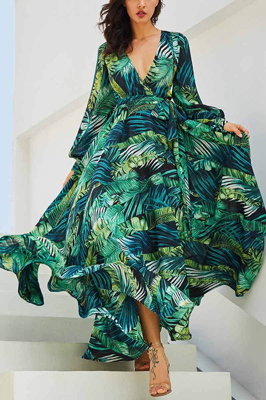 CityHottie V-Neck Leaf Print Maxi Dress