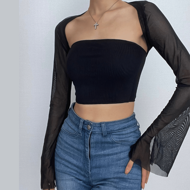 Mesh solid long sleeve shrug 2 piece tube top