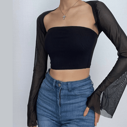 Mesh solid long sleeve shrug 2 piece tube top