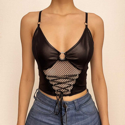 Backless v neck o ring lace up fishnet hollow out solid cami crop top - Final Sale