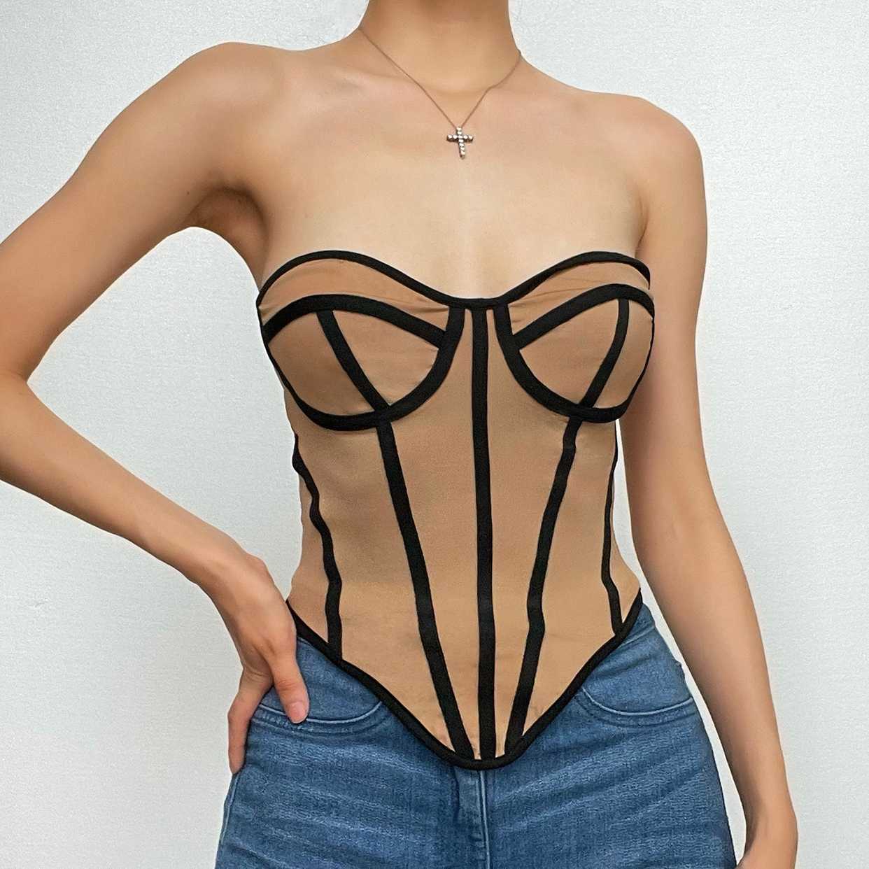 Mesh contrast sweetheart neck backless corset tube top