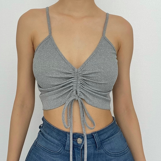 Drawstring 2-way ruched v neck ruffle solid cami top