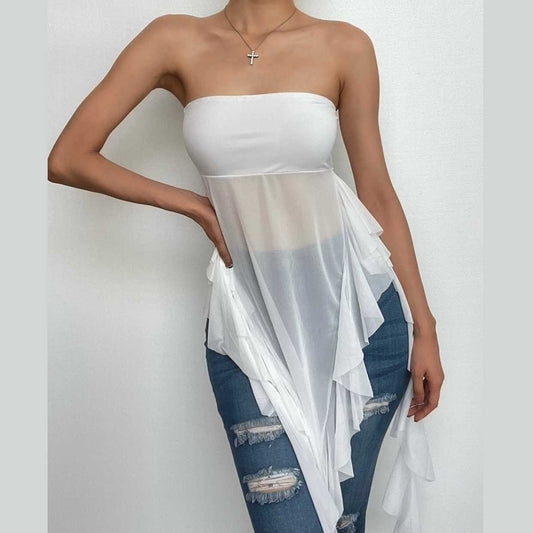 Ruffle solid mesh irregular backless tube top