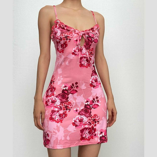 V neck backless hollow out flower print contrast cami mini dress