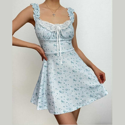 Cap sleeve lace hem ruched flower print contrast mini dress