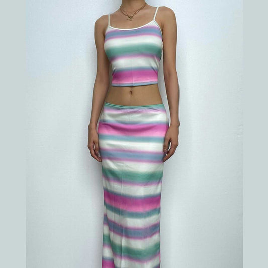 Striped backless contrast u neck slit cami maxi skirt set