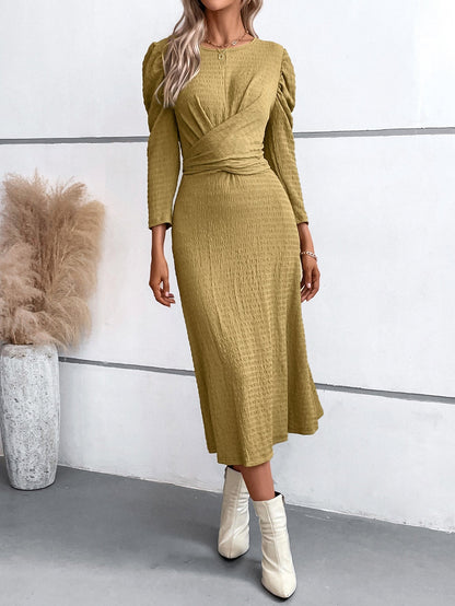 Crisscross Tied Puff Casual Long Sleeve Midi Dress Honey casual dresses clothes dress dresses DY long sleeve dress long sleeve dresses midi dress midi dresses Ship From Overseas