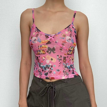 Sheer mesh see through contrast print cami crop top