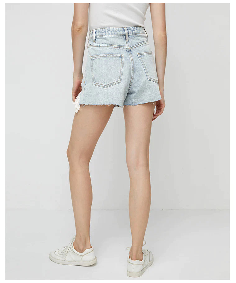 DENIM HIGH WAIST ABRASION IRREGULAR BURRS SHORTS