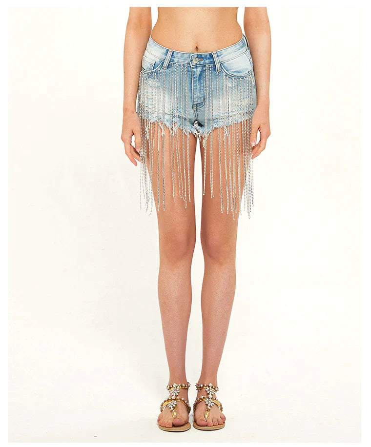 LONG TASSEL HIGH WAIST DRILL CHAIN DENIM SHORTS