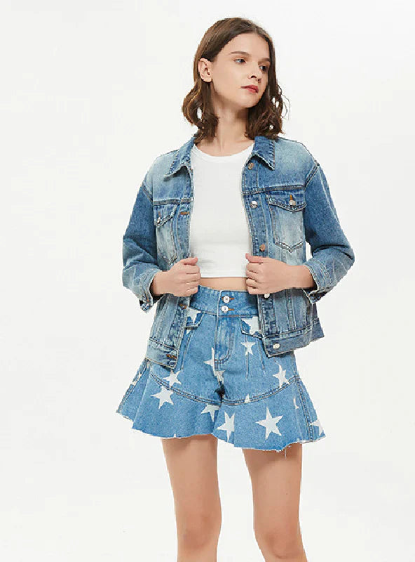 STAR PRINTED FLOUNCES WIDE-LEG PANTS SHORTS