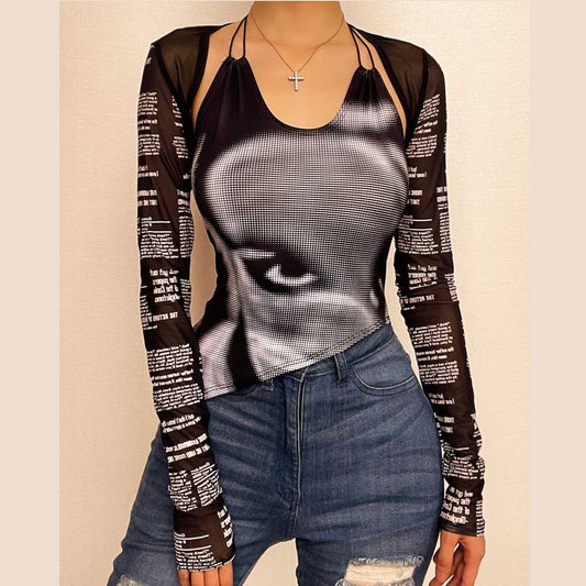 Irregular abstract long sleeve halter cami top 2 piece top