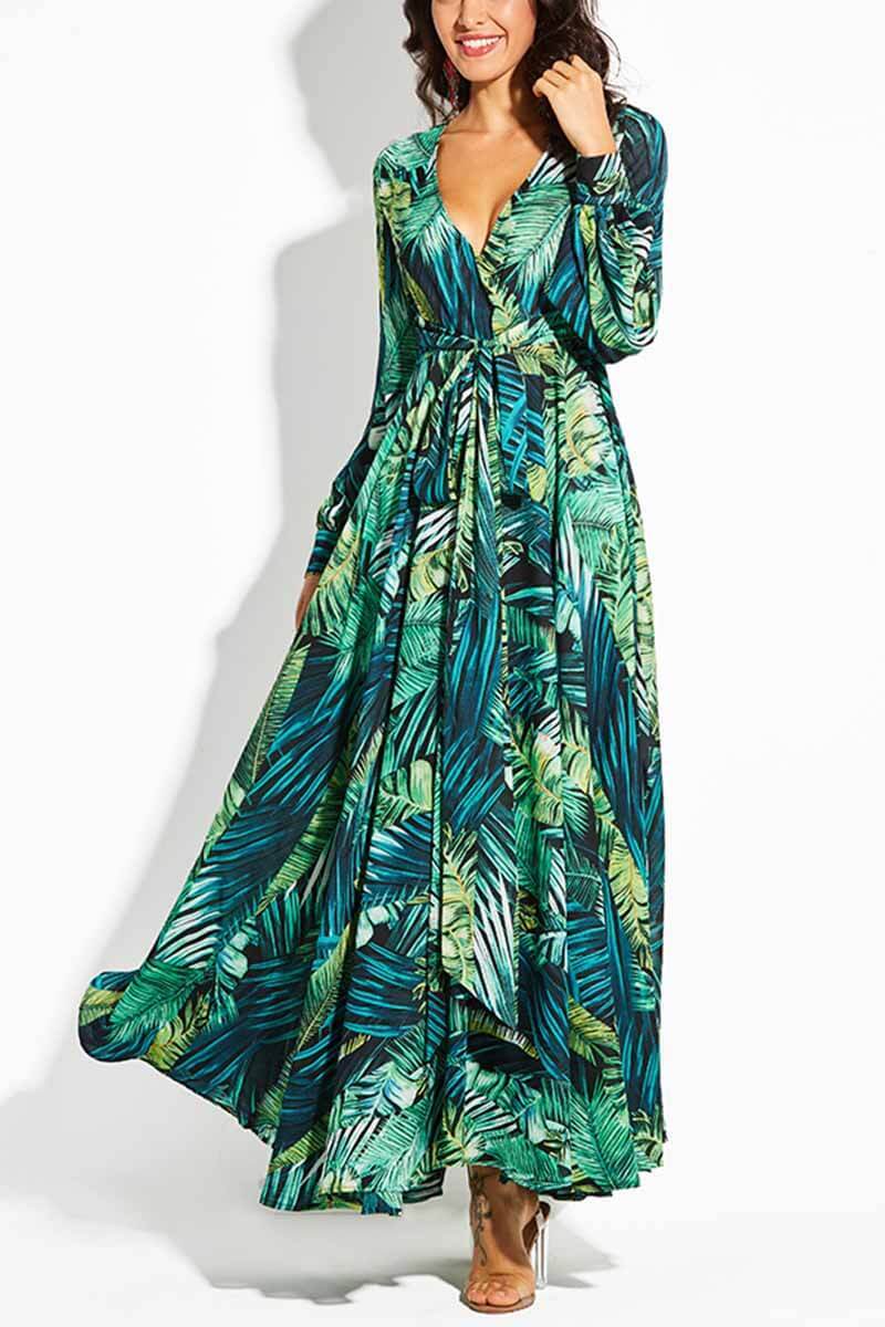 CityHottie V-Neck Leaf Print Maxi Dress