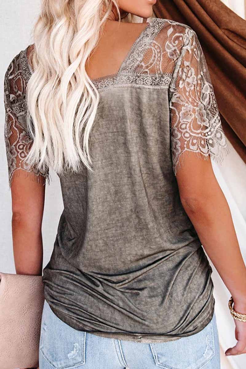 CityHottie New Women's Lace Short Sleeve V-Neck Tops