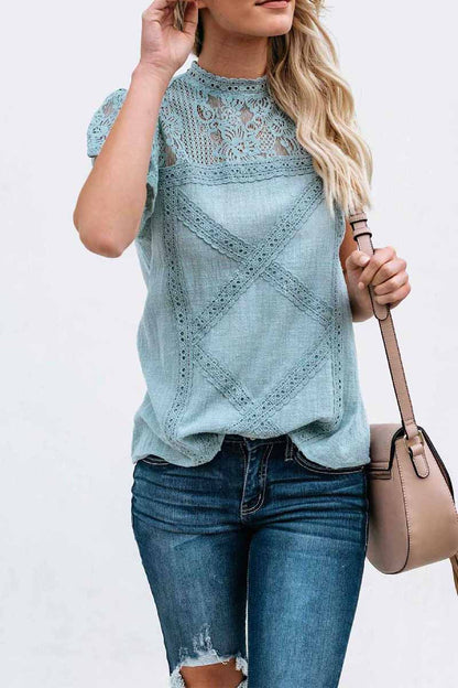 CityHottie Summer Geometric Stitching Lace Short Sleeves Tops