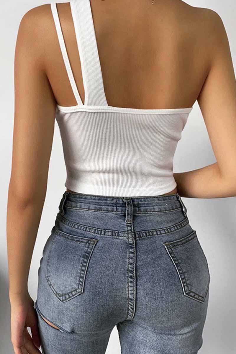 CityHottie Pure Color Sexy Single Shoulder Strap Hollow Tops