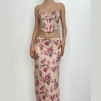 Flower print contrast corset slit backless cami maxi skirt set