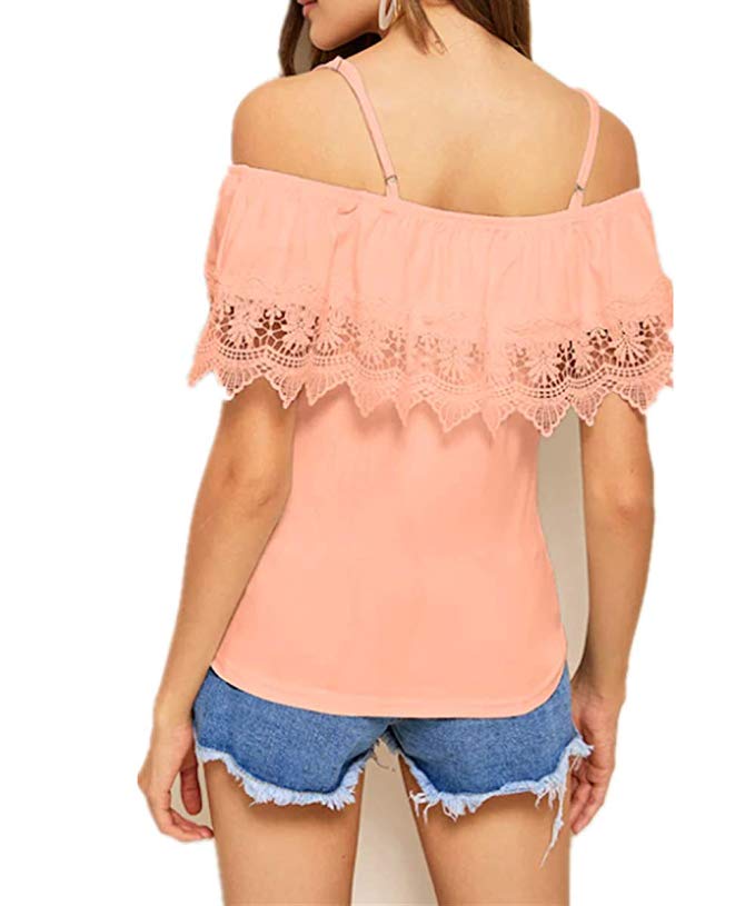 Women Cold Shoulder Shirt Guipure Lace Top Tunic Blouse S-XL