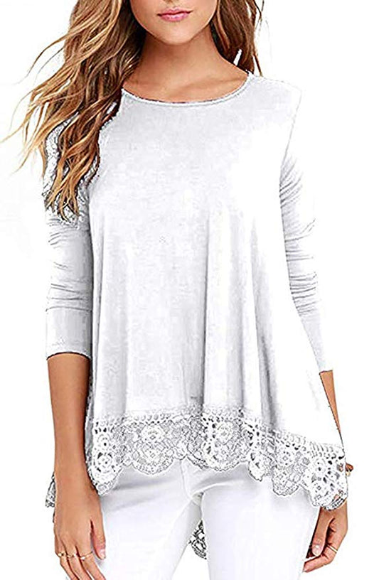 Women's Lace Trim Short/Long Sleeve Round Neck T Shirts Tunic Tops