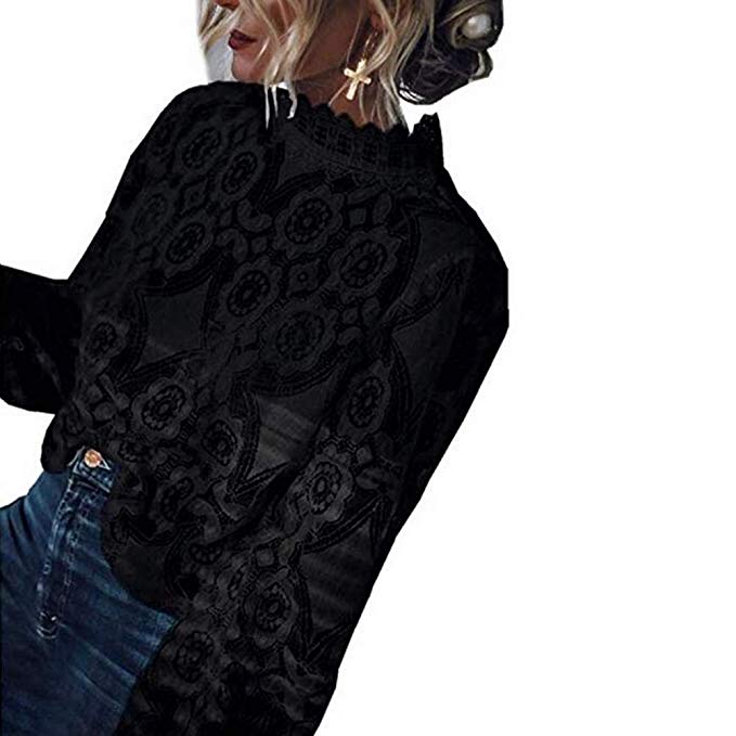 Women's Long Sleeve Lace Tops Casual Hollow Out Stand Collar Shirt Tees