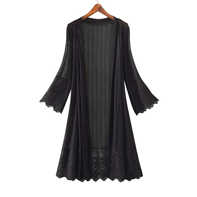 Women Long Sleeve Lace Kimono Cardigan Top Blouse T-Shirt