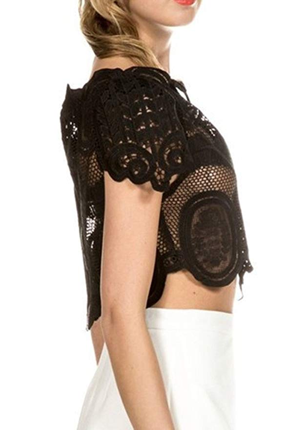 Women's Short Sleeve Sheer Mesh Floral Lace Crochet Crop Top Sexy Scallop Blouse