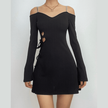 Long sleeve off shoulder textured hollow out cami mini dress