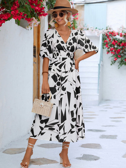 Printed Surplice Balloon Sleeve Dress White/Black casual dress casual dresses clothes dress dresses midi dress midi dresses Ship From Overseas YO