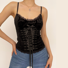 V neck hem lace velvet lace up cami top