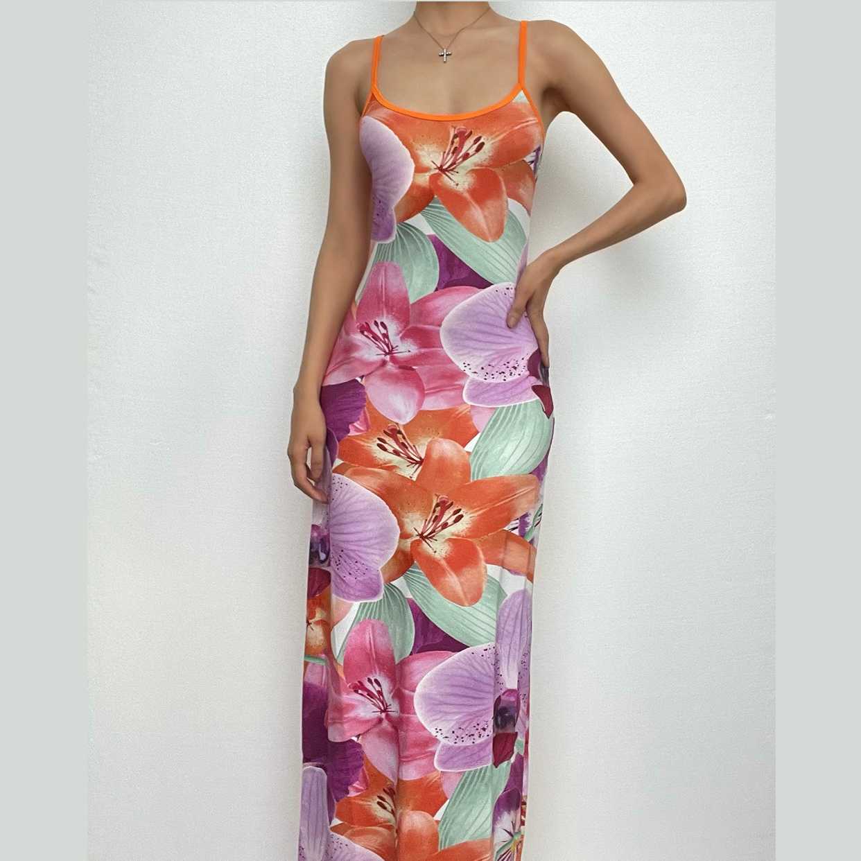 Flower print contrast backless slit square neck cami maxi dress