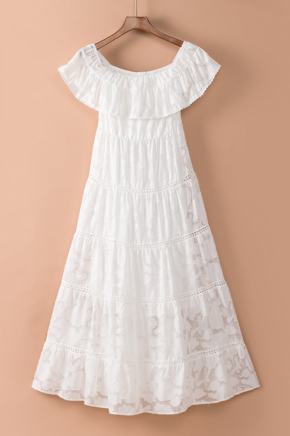 White Off-the-shoulder Ruffled Lace Maxi Dress