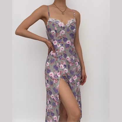 Sleeveless slit lace hem backless flower pattern print cami dress