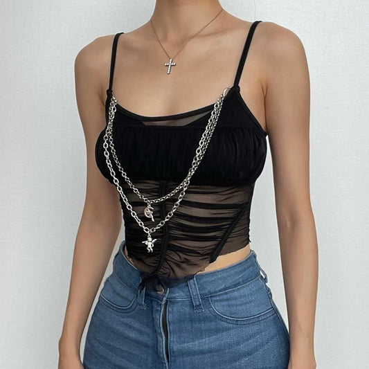 Metal chain mesh patchwork ruched cami crop top