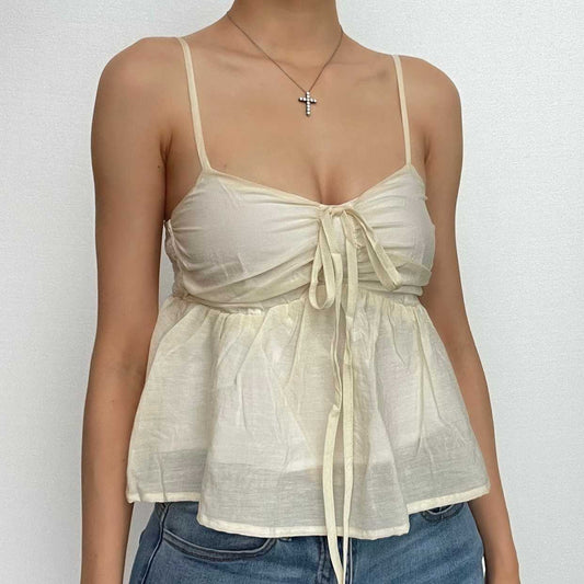 Solid ruched ruffle v neck smocked self tie cami top