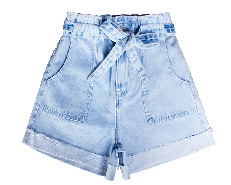 ELASTIC WAIST HEM WIDE LEG DENIM SHORTS