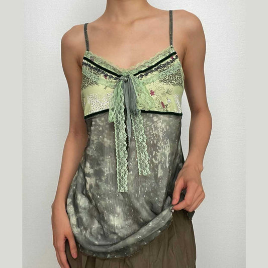 Lace hem patchwork v neck tie dye contrast mesh backless cami top - Final Sale