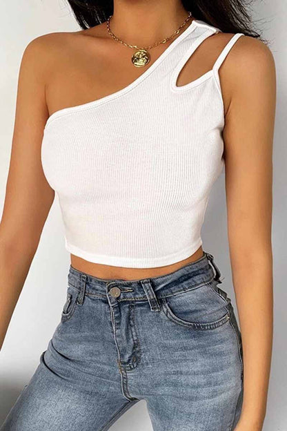 CityHottie Pure Color Sexy Single Shoulder Strap Hollow Tops