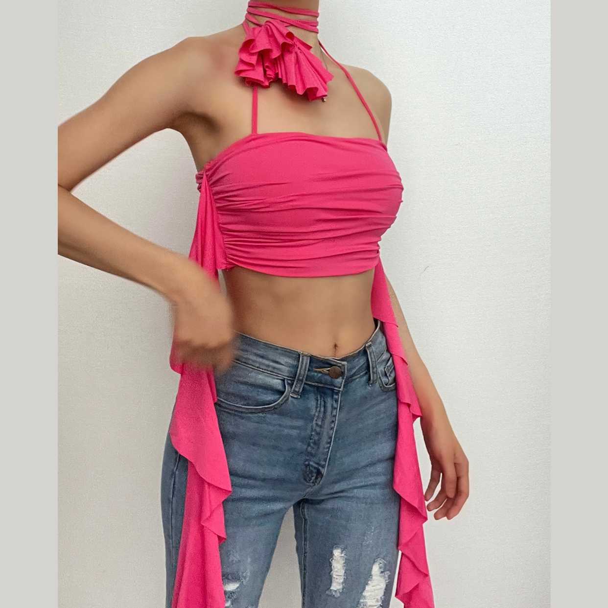 Solid halter flower applique ribbon ruched backless crop top