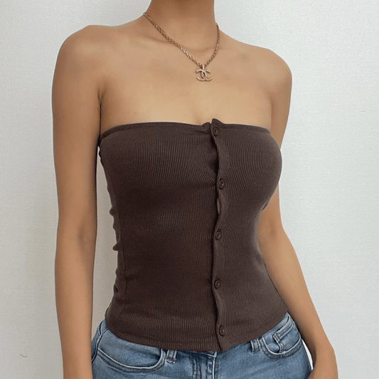 Sleeveless solid button backless tube top