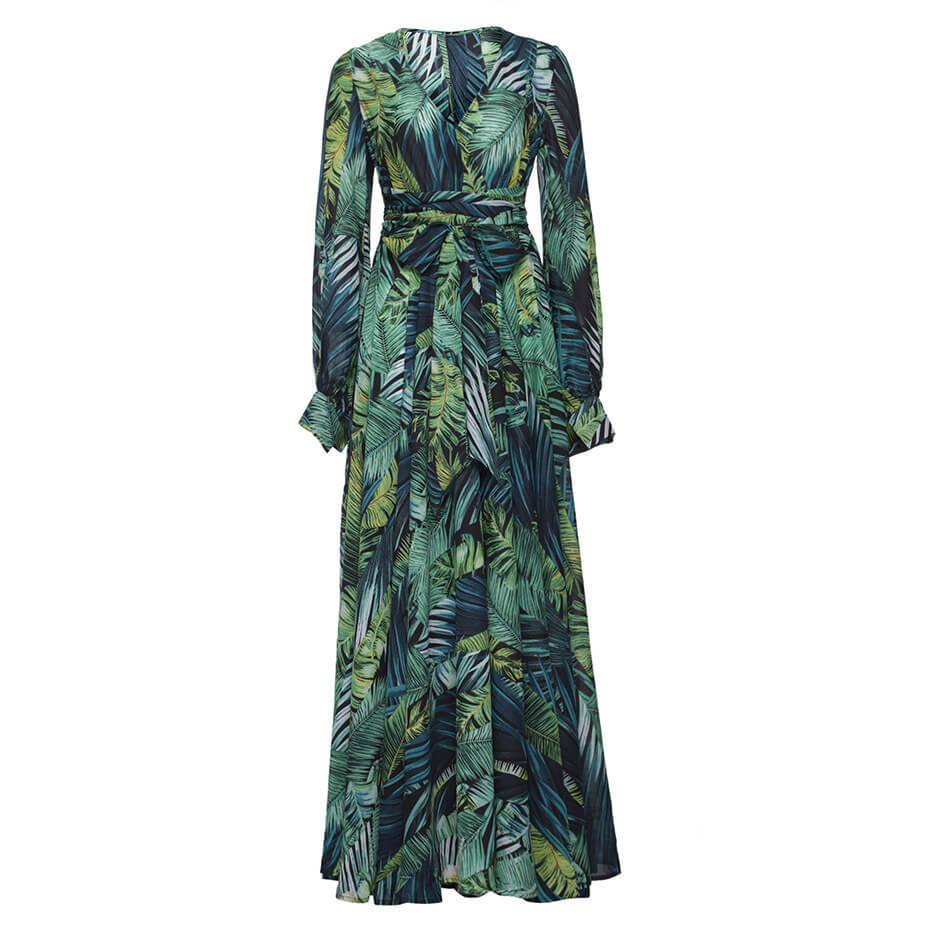 CityHottie V-Neck Leaf Print Maxi Dress