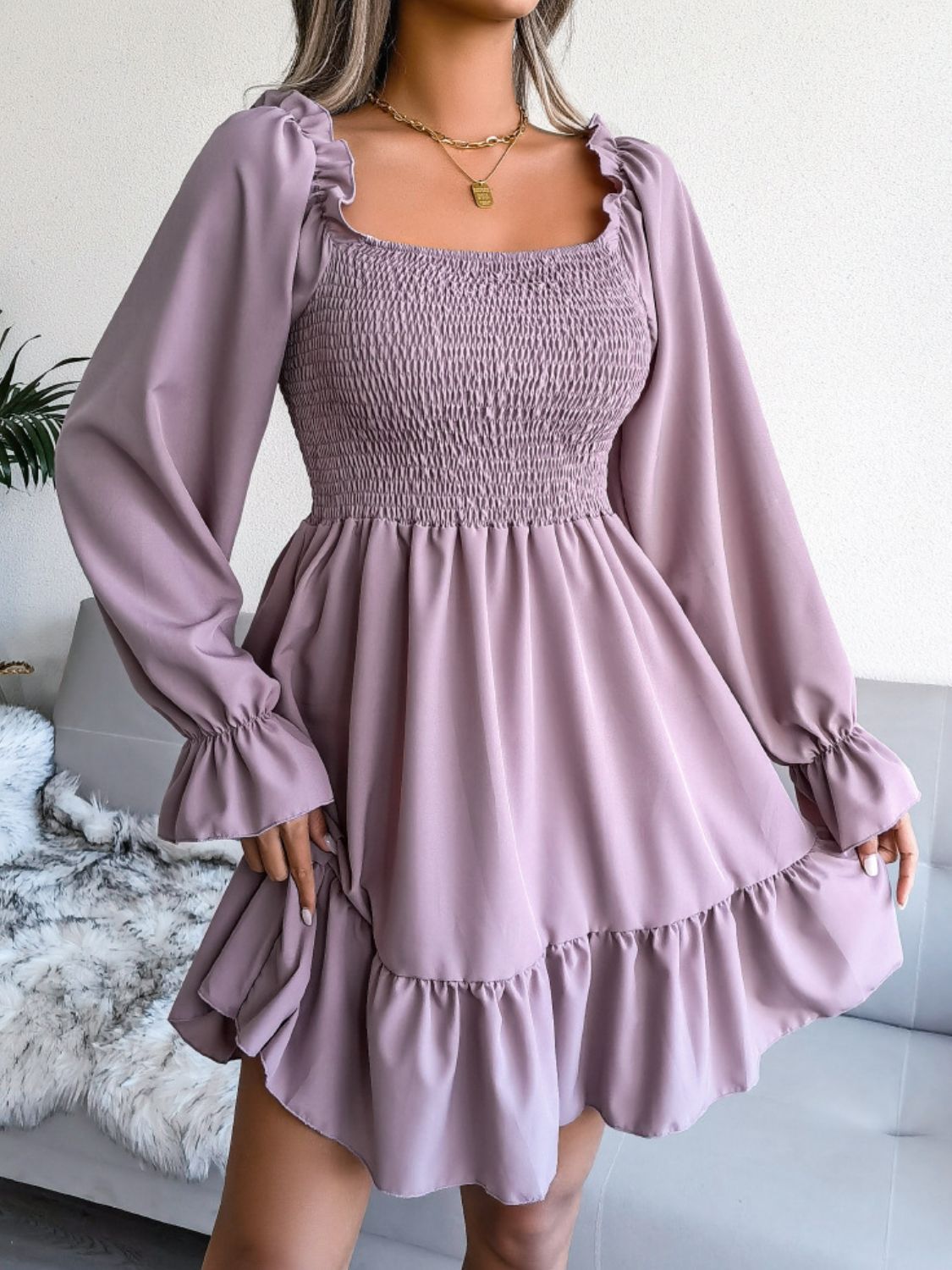 Smocked Flounce Sleeve Square Neck Dress Lilac B.J.S casual dress casual dresses clothes dresses Hundredth long sleve dresses midi dresses Ship From Overseas trend trends