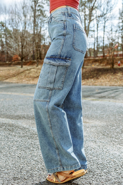 Sky Blue Cool Cargo Style Wide Leg Jeans